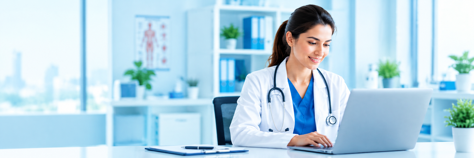Smiling female doctor working at her laptop in a bright clinic